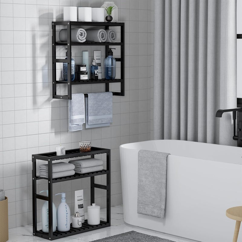 PPN Towel Rack Bathroom Storage Shelves Over The Toilet with Towel Bar 100% Bamboo Adjustable Height Floating Shelf Wall Shower Shelf for Small Space Bathroom Kitchen Multi Usage (Black-2Pack) - Image 3